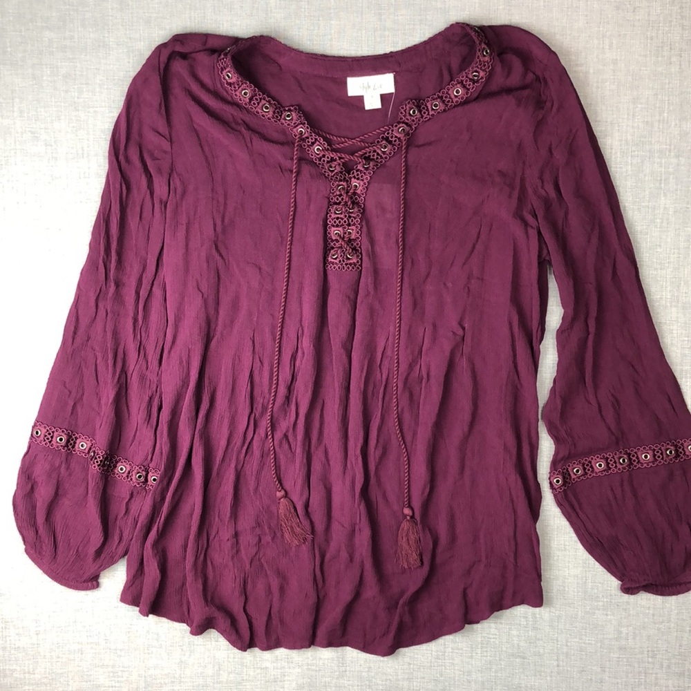 Style & Co Purple Lace Up Peasant Top Size Small - Picture 2 of 6